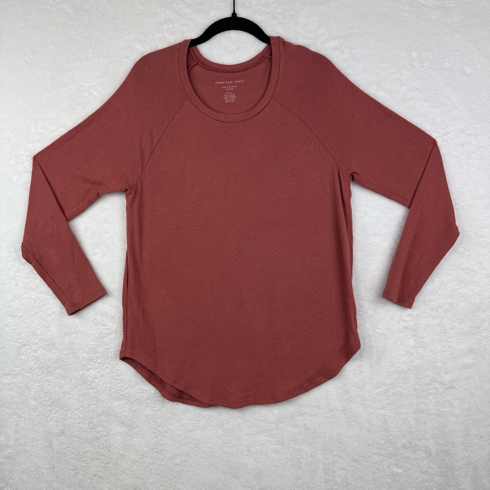 AE American Eagle Womens Coral Soft & Sexy Crew Neck Long Sleeve Shirt‎ S Flaw